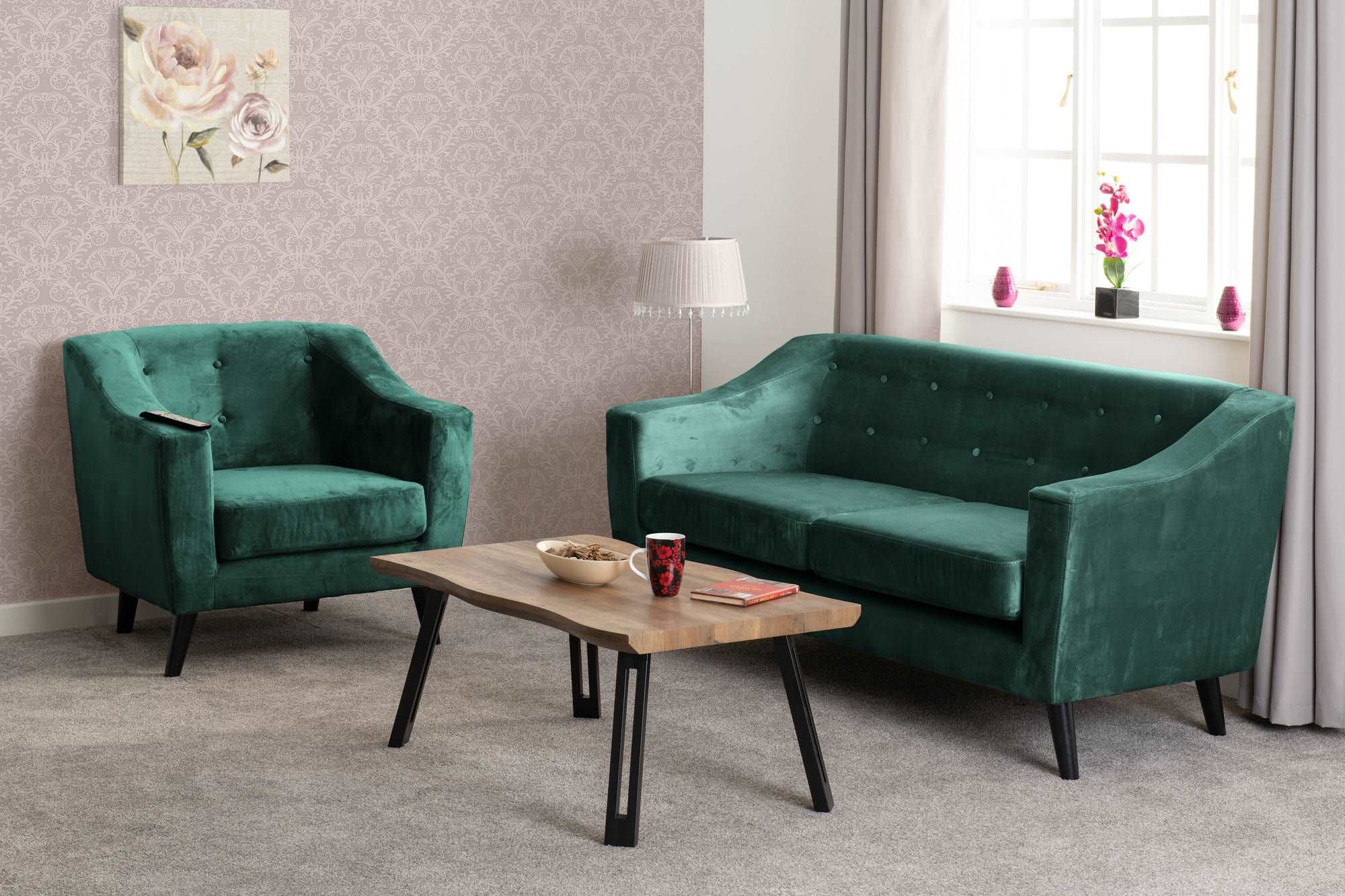 Ashley 2 Seater Sofa Green Velvet Fabric