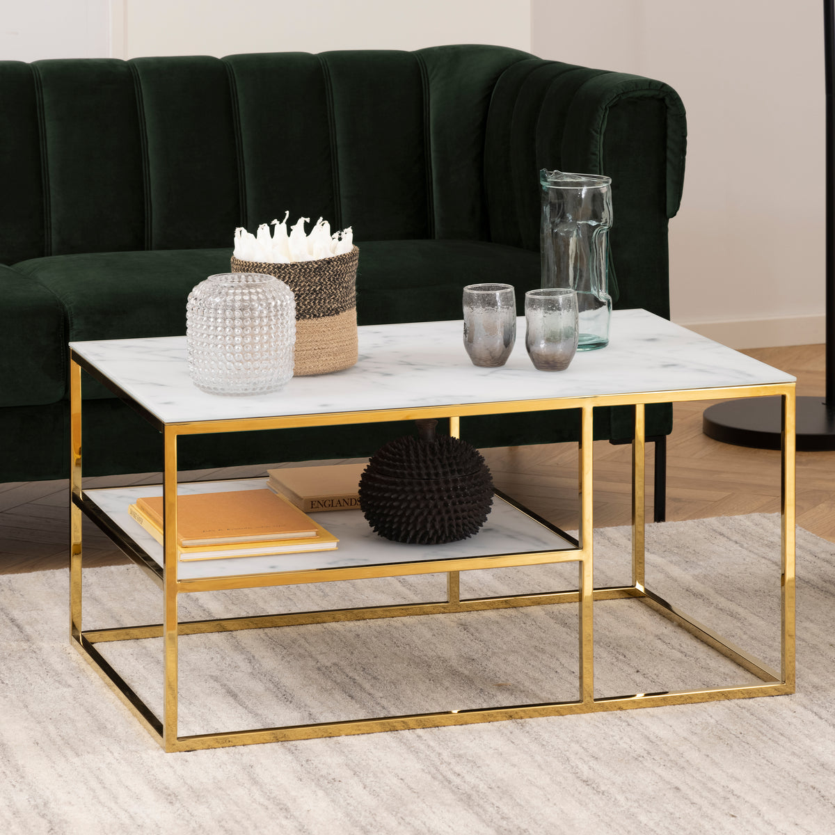 Alisma Open Shelf Coffee Table with White Marble Effect & Gold Legs