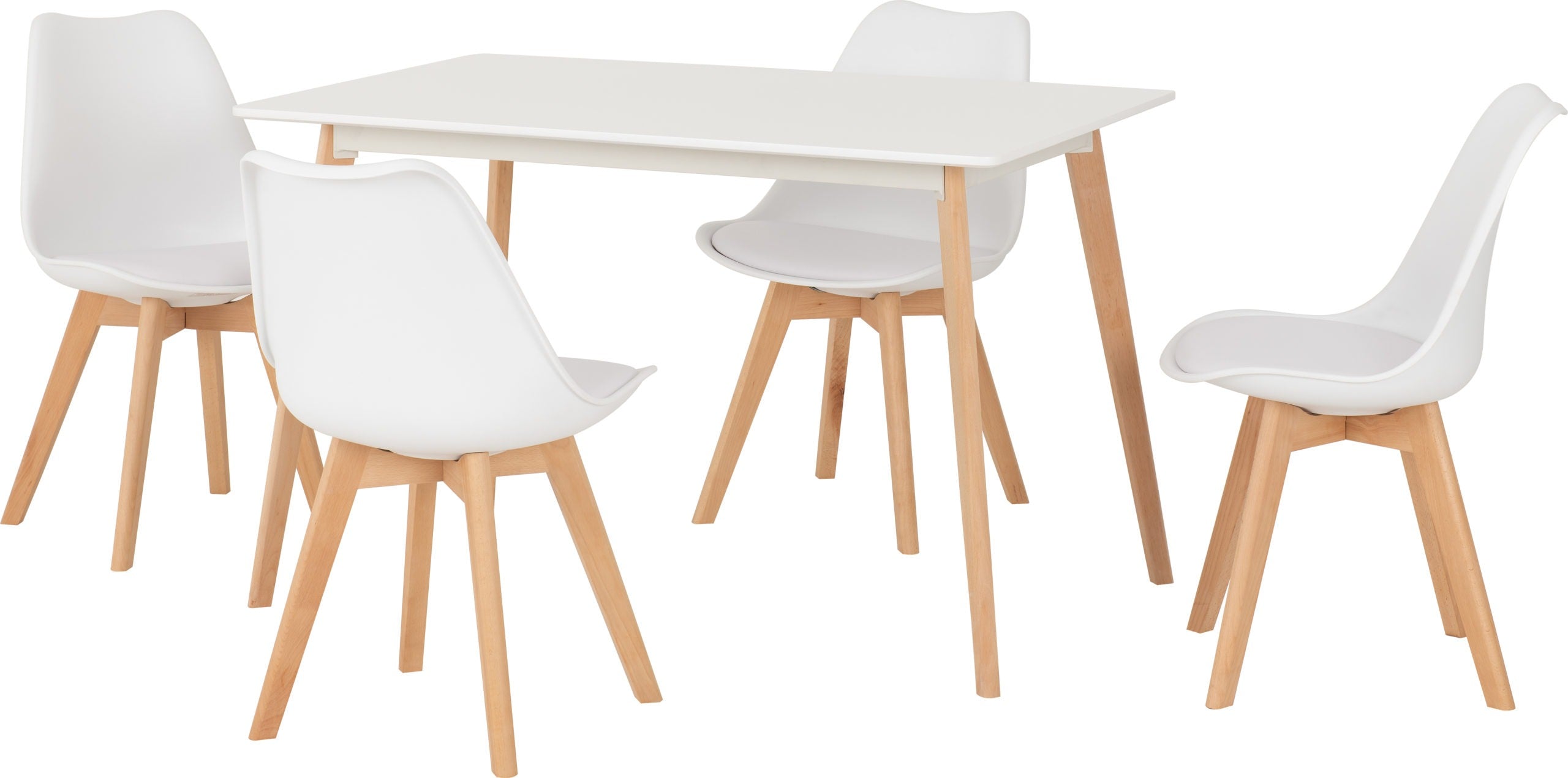 Bendal Dining Set 4 Chairs in White and Beech with White PU Leather