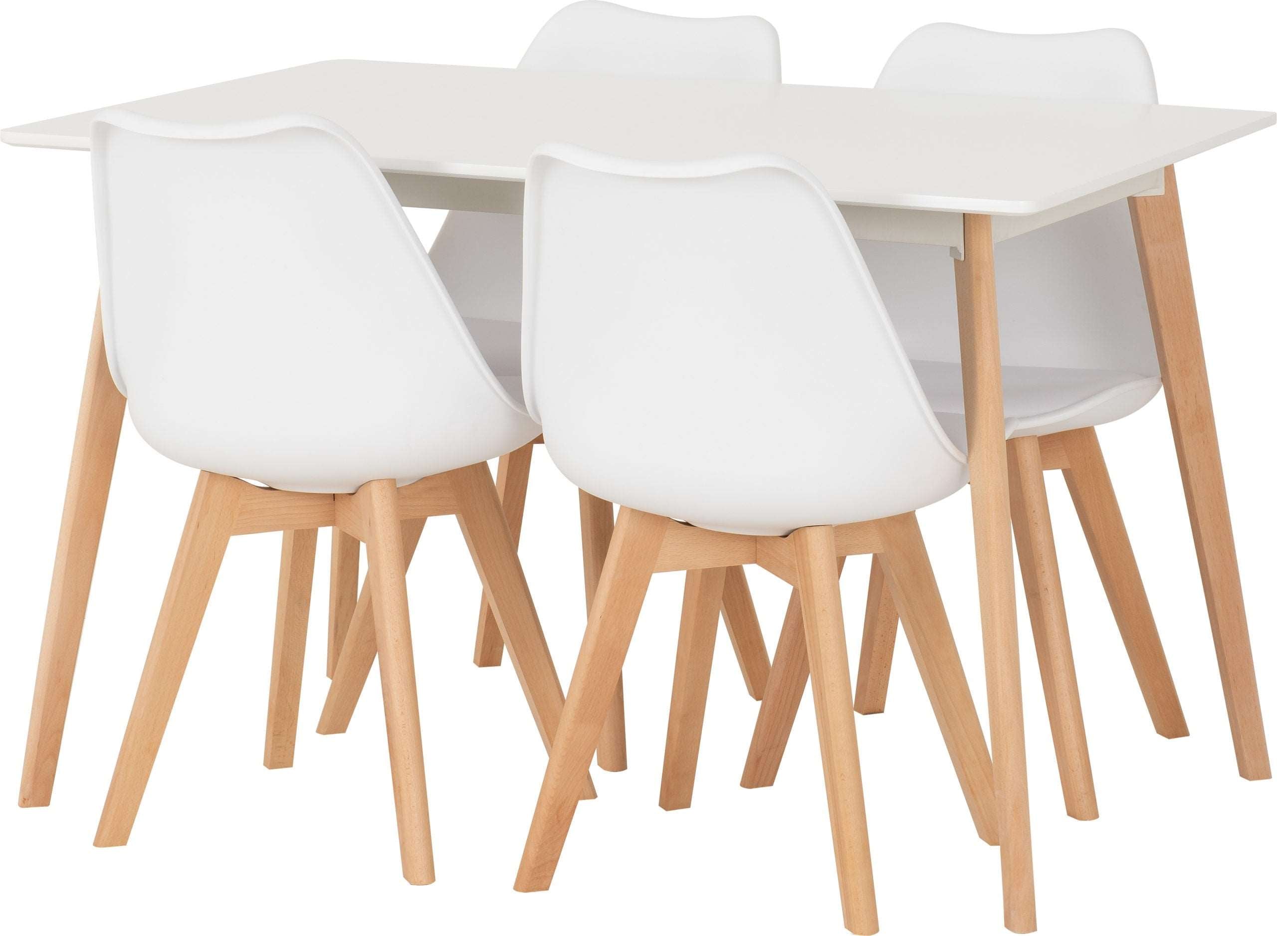 Bendal Dining Set 4 Chairs in White and Beech with White PU Leather