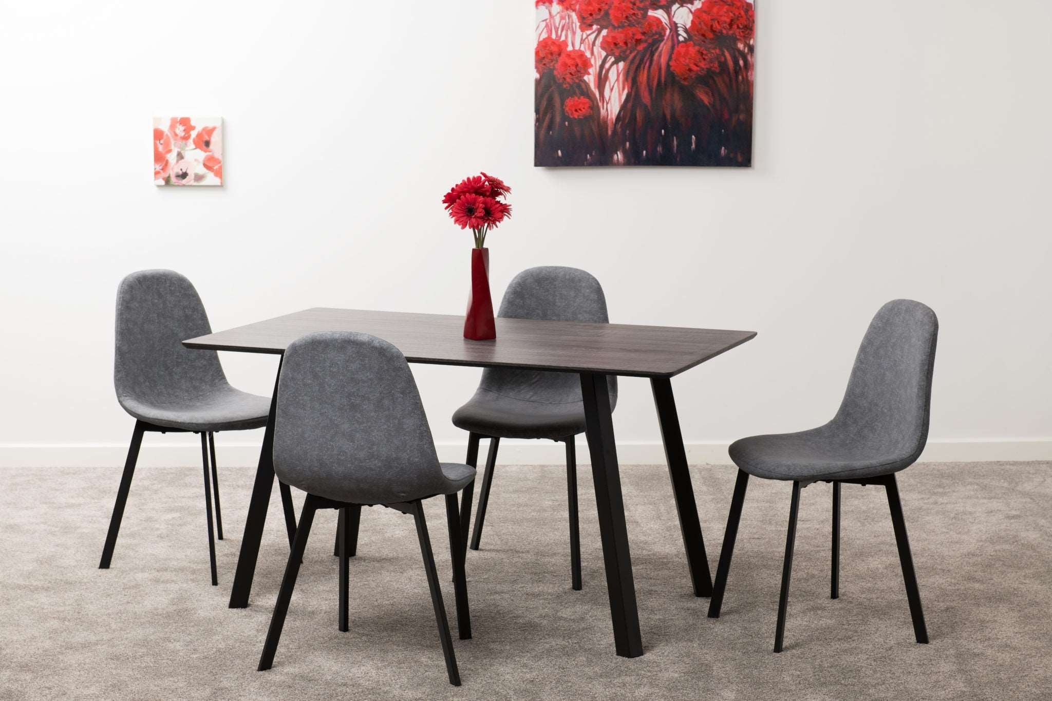 Berlin Dining Set Table Black Grain with 4 Avery Grey Velvet Chairs