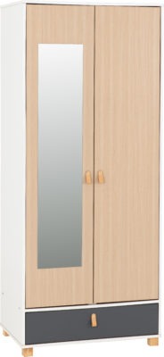 Brooklyn 2 Door 1 Drawer Mirrored Wardrobe White/Oak/Grey Effect