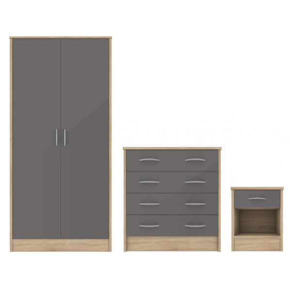 Bardalona Trio Wardrobe, Chest & Bedside Grey Gloss