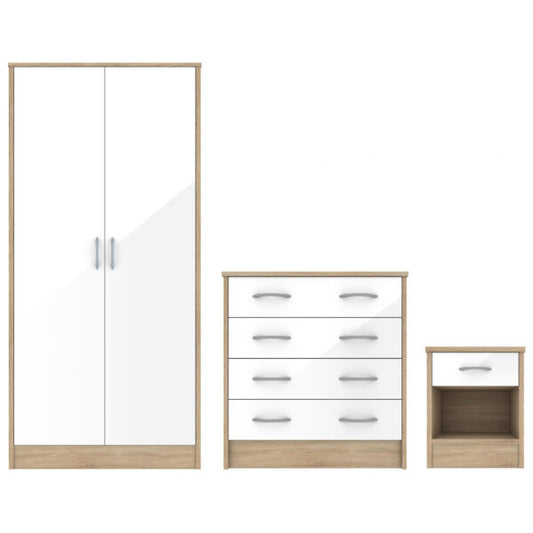 Bardalona Trio Wardrobe, Chest & Bedside White Gloss