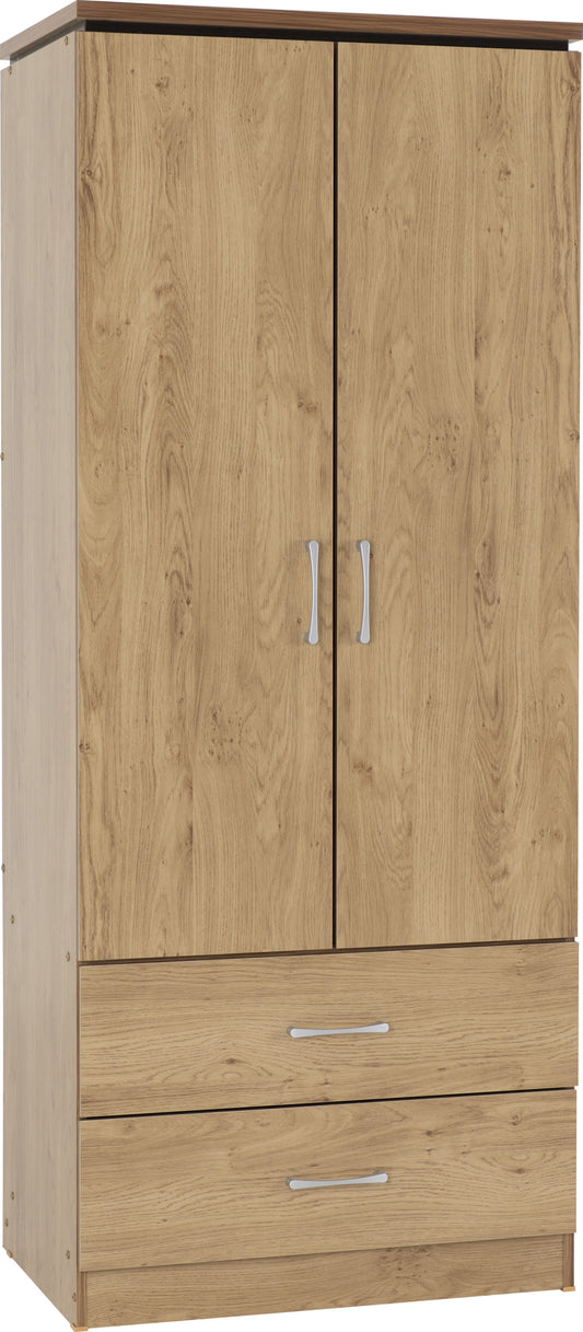 Charles 2 Door 2 Drawer Wardrobe in Oak Veneer with Dark Walnut Trim