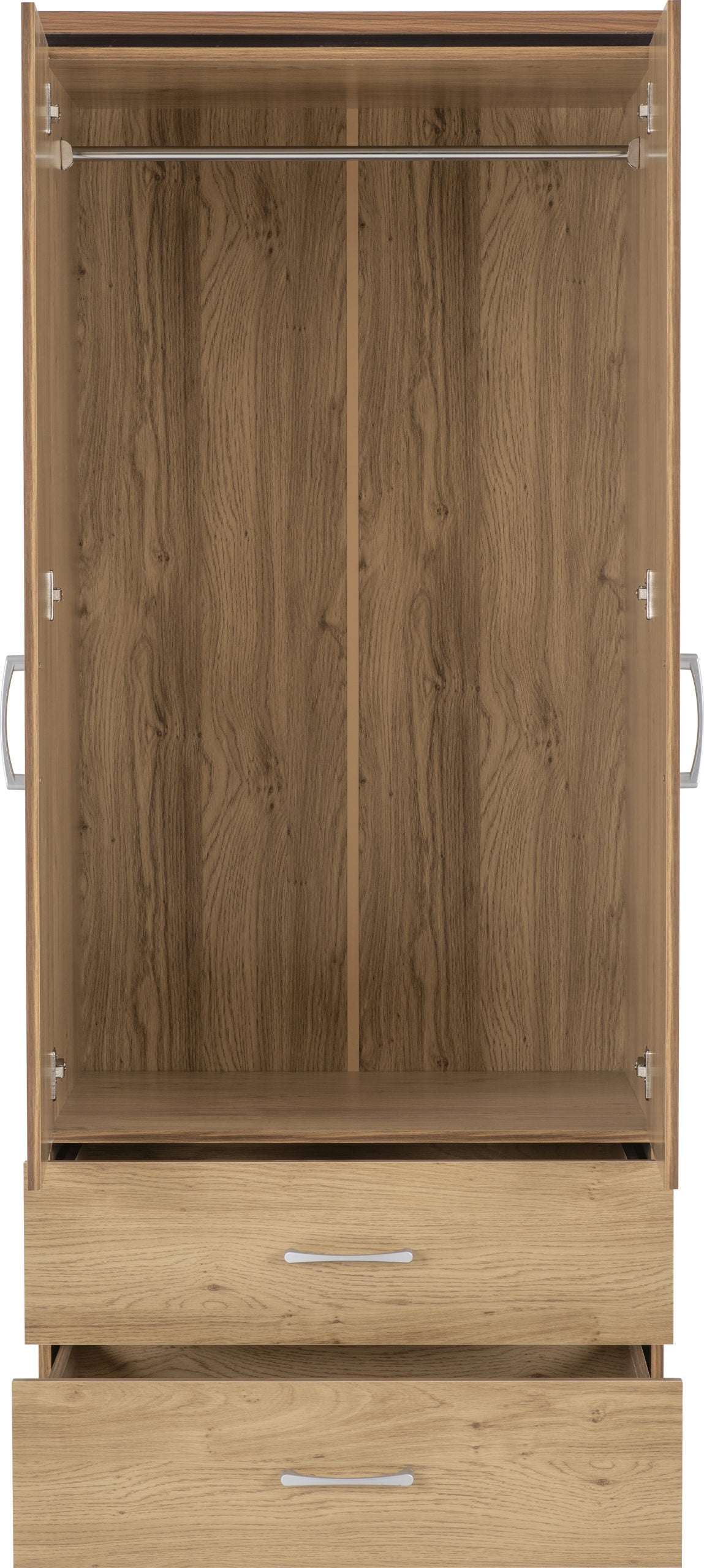 Charles 2 Door 2 Drawer Wardrobe in Oak Veneer with Dark Walnut Trim