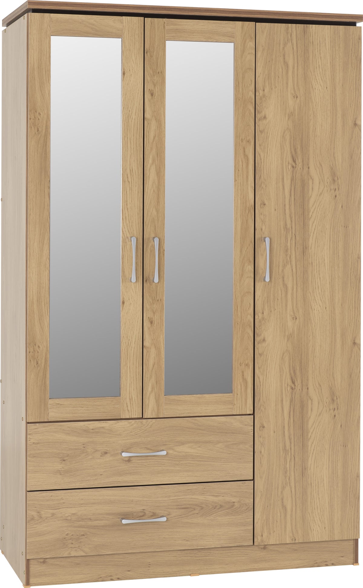 Charles 3 Door 2 Drawer Mirrored Wardrobe in Oak Effect Veneer with Walnut Trim