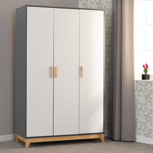 Cleveland 3 Door Wardrobe White/Grey Metal Effect