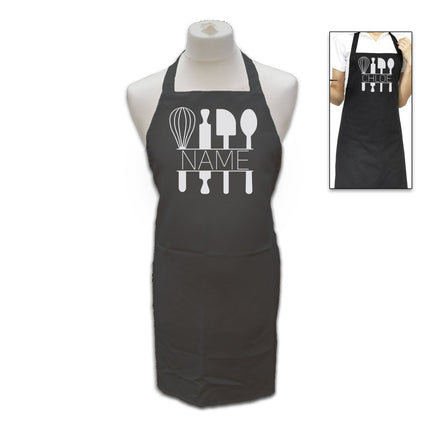 Personalised Black Apron with Name and Baking Utensils
