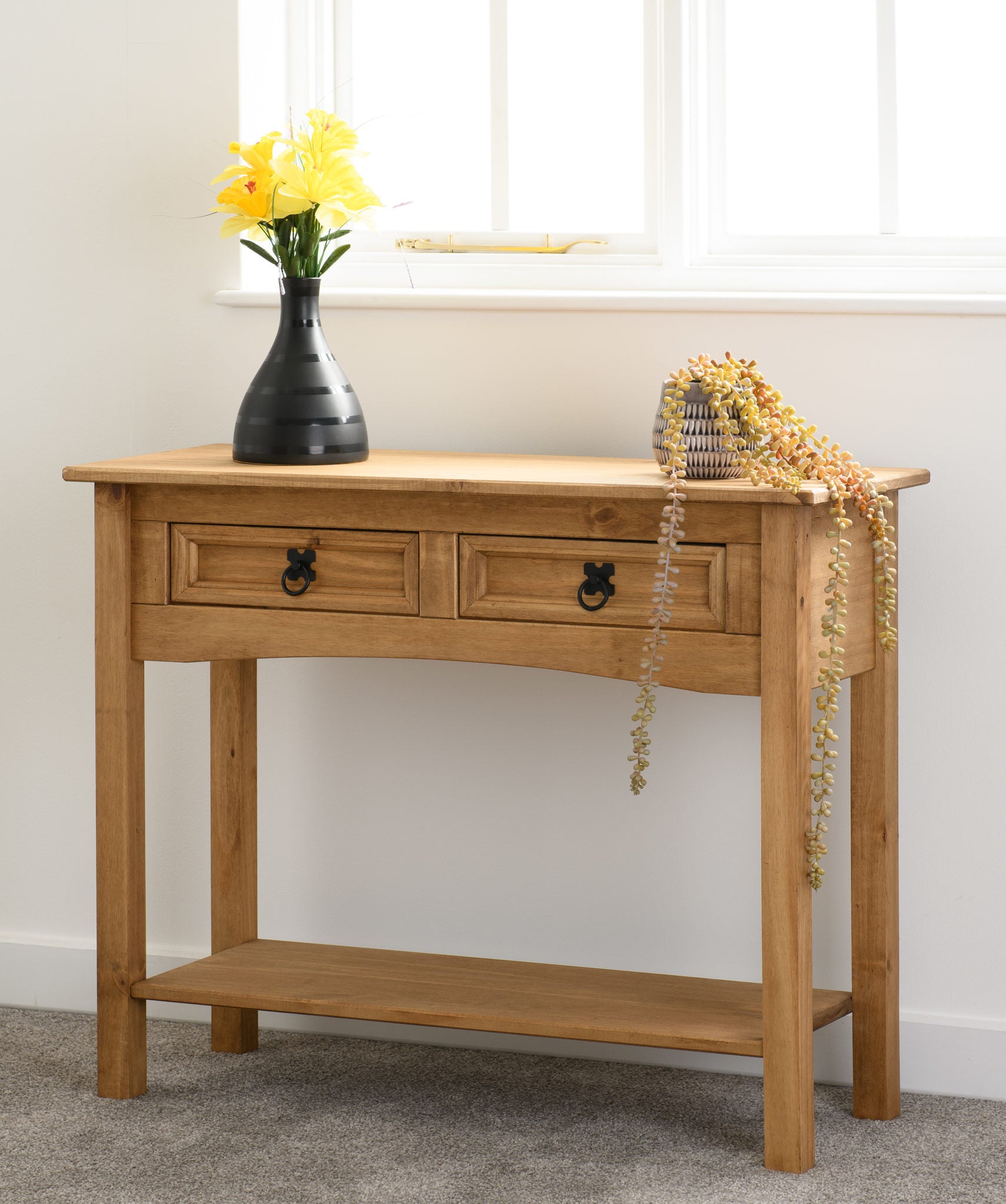 Corona 2 Drawer Console Table With Shelf in Distressed Pine