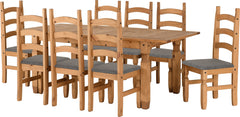 Corona Extending Dining Set with 8 Chairs Waxed Pine Grey Fabric Seats