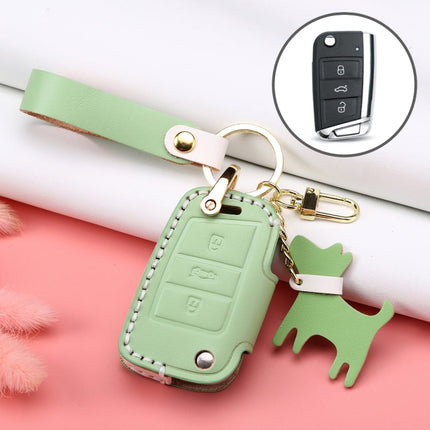 Hallmo Car Female Style Cowhide Leather Key Protective Cover for Volkswagen, B Type Folding(Grass Green)