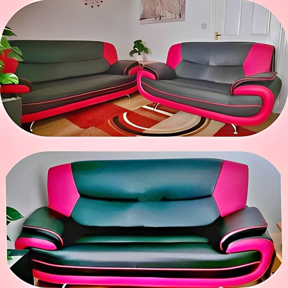 CAROL Pink/Black LEATHER 3+2 SEATER  PLUSH VELVET SETTEE ON CLEARENCE SALE.