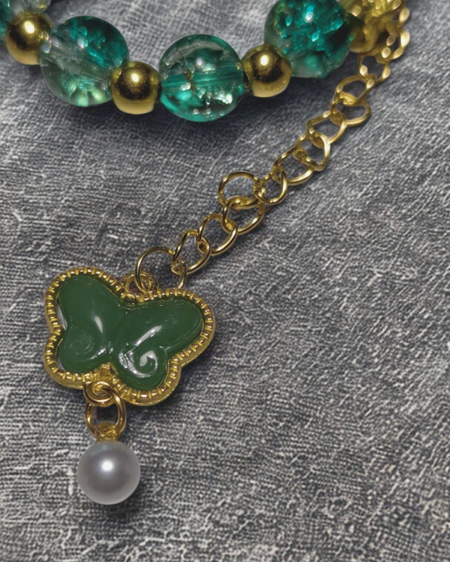 Teal Crackle Glass Butterfly Charm Bracelet with Virgo Charm & Pearl Drop (Gold-Tone)