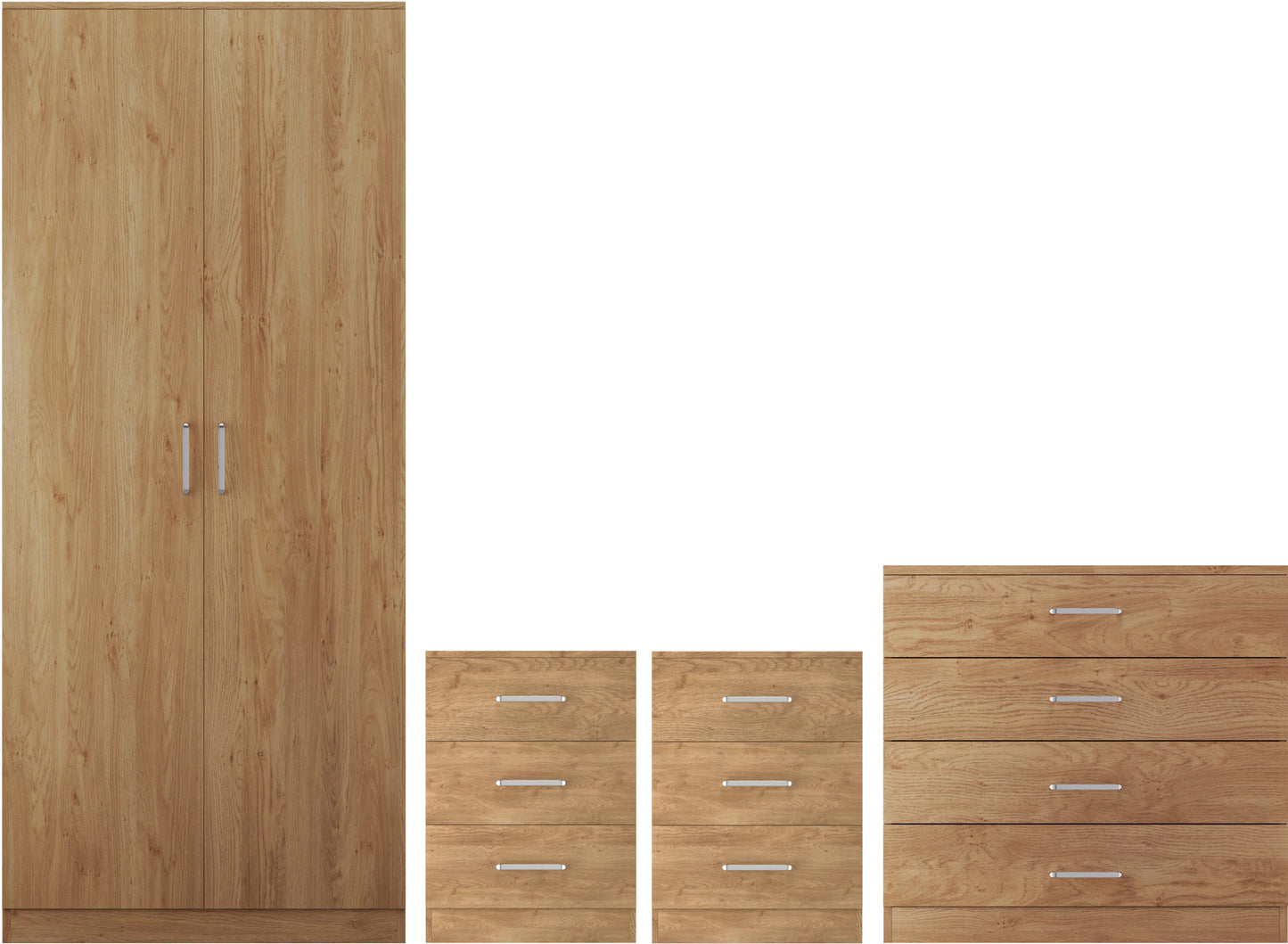 Dakota 2 Door Wardrobe Bedroom Set Oak Effect with Augustina Mirror Double Divan Set including Mattress And delivered Free