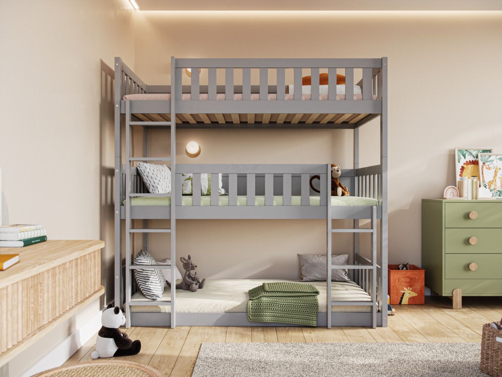 Bea Triple High Wooden Bunk Bed in Grey