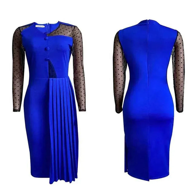 Fashion Mesh Splicing Slim Warp Hip Split Women Office Dress