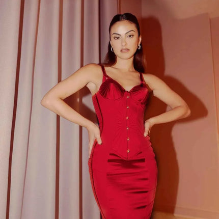 Red Satin Christmas Party Dress - Sexy Pleated Strapless Evening Outfit