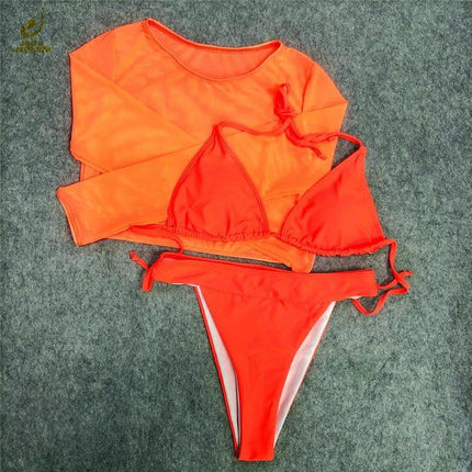 Three-Piece Plus Size Swimwear Set with Long-Sleeve Cover-Up