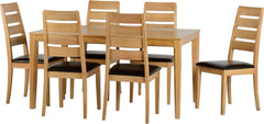 Logan Large Dining Set in Oak Varnish with 6 Brown Chairs