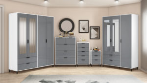 Madrid 4 Door 2 Drawer Mirrored Wardrobe n Grey and White Gloss Finish