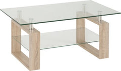 Milan Coffee Table Sonoma Oak Finish Glass and Metal with Undershelf