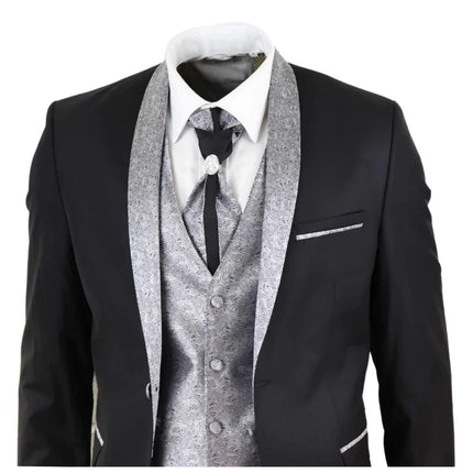 Sal-Yaica - Men's 4 Piece Wedding Suit Groom Shawl Collar Black Silver Cravat