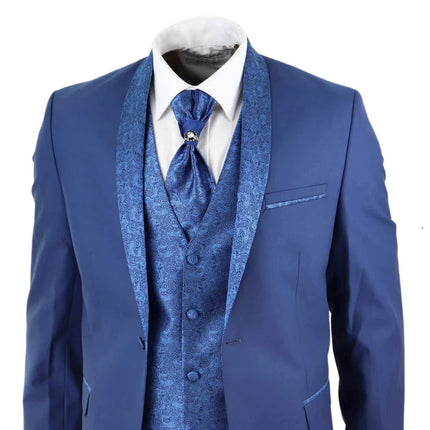 Sal-Yaica - Men's 4 Piece Wedding Suit Groom Shawl Collar Blue Cravat
