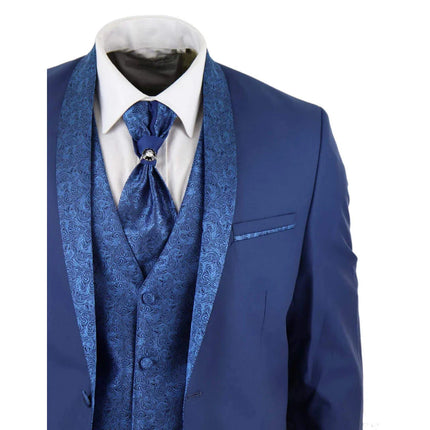 Sal-Yaica - Men's 4 Piece Wedding Suit Groom Shawl Collar Blue Cravat
