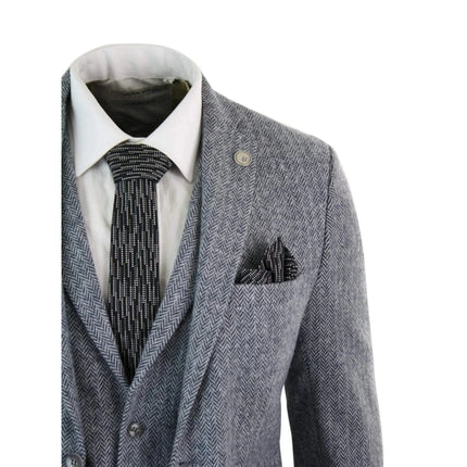 STZ11 - Men's Light Grey 3 Piece Tweed Suit Herringbone Wool