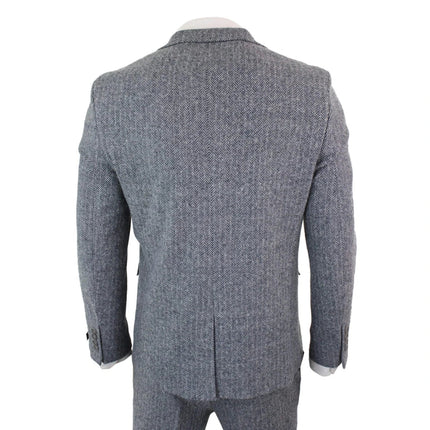 STZ11 - Men's Light Grey 3 Piece Tweed Suit Herringbone Wool