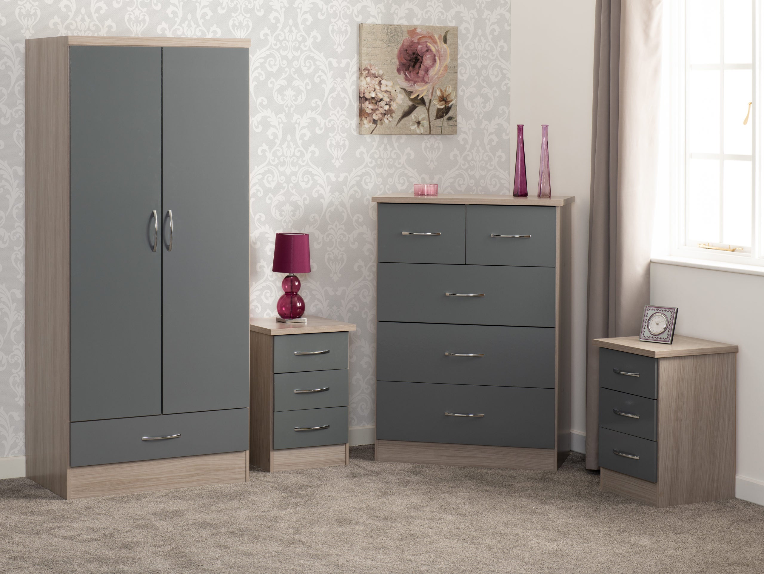 Nevada 2 Door 1 Drawer Wardrobe Bedroom Set Grey Gloss/Light Oak Effect Veneer - Online-Furniture-And-Fashion-Store