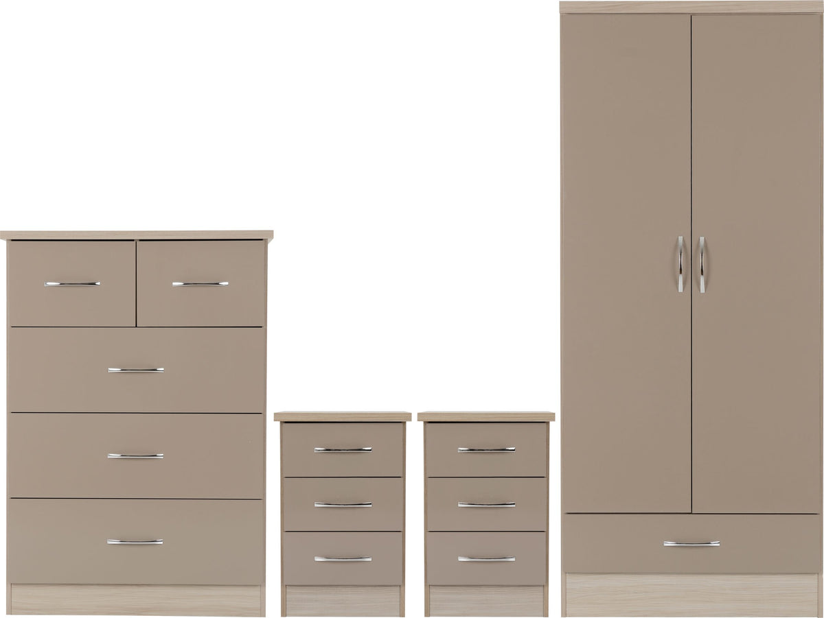 Nevada 2 Door 1 Drawer Wardrobe Bedroom Set Oyster Gloss/Light Oak Effect Veneer - Online-Furniture-And-Fashion-Store