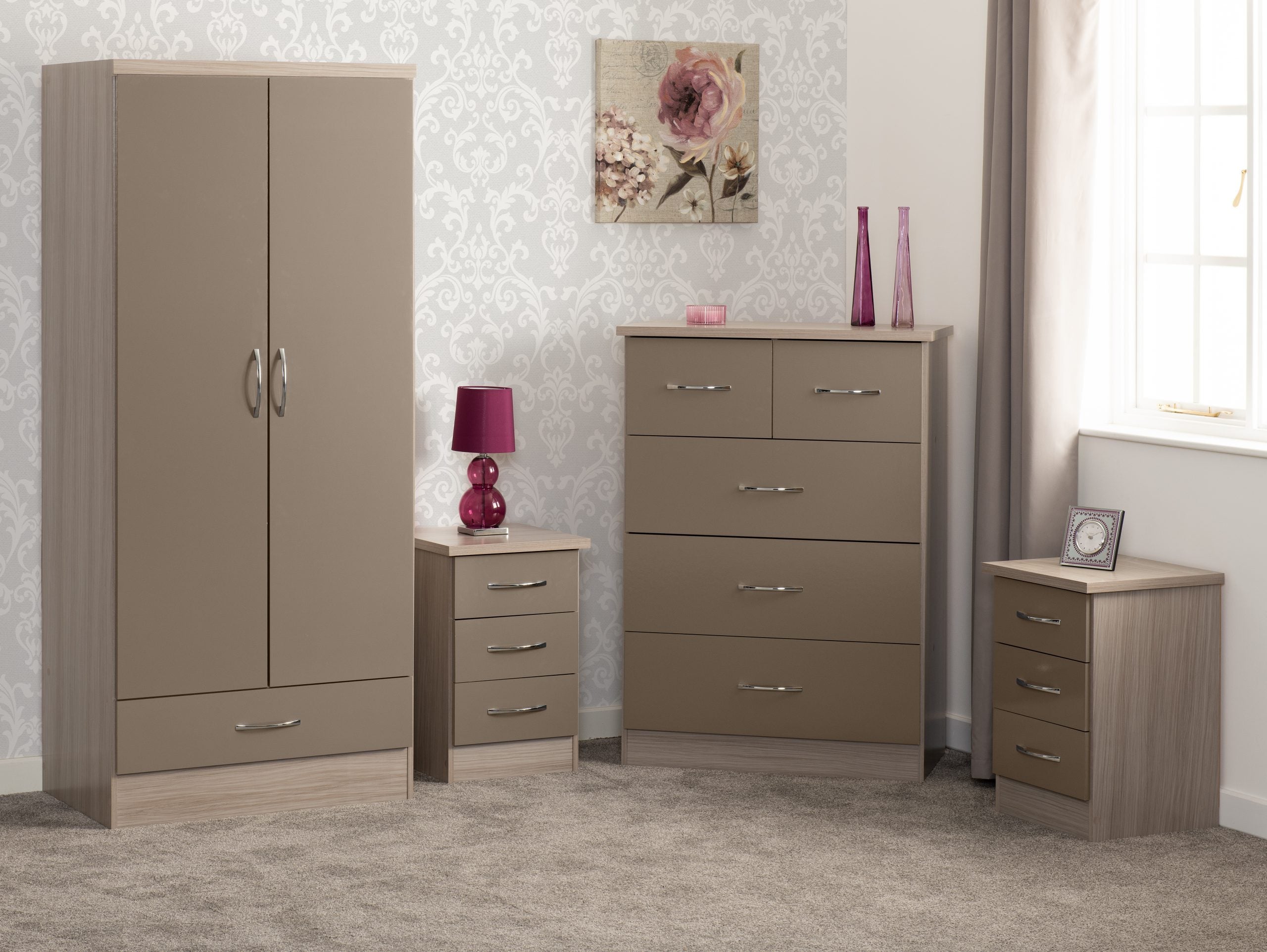 Nevada 2 Door 1 Drawer Wardrobe Bedroom Set Oyster Gloss/Light Oak Effect Veneer - Online-Furniture-And-Fashion-Store