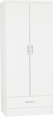 Nevada Mirrored 2 Door 1 Drawer Wardrobe White Gloss