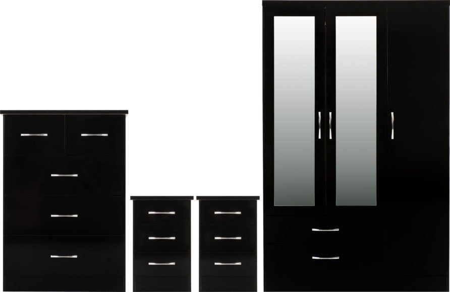 NEVADA 3 DOOR 2 DRAWER MIRRORED WARDROBE BEDROOM SET - BLACK GLOSS