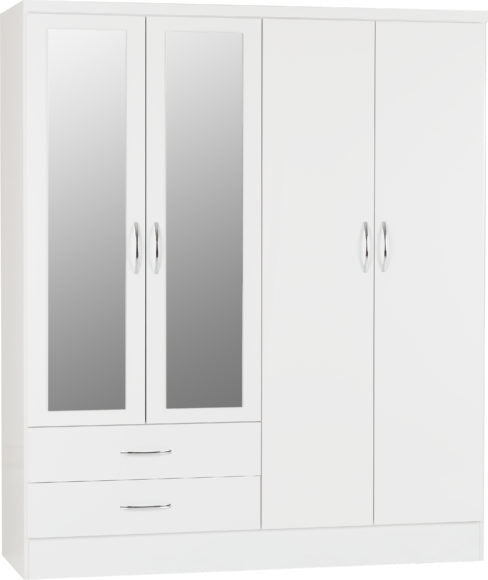 Nevada 4 Door 2 Drawer Mirrored Wardrobe White Gloss