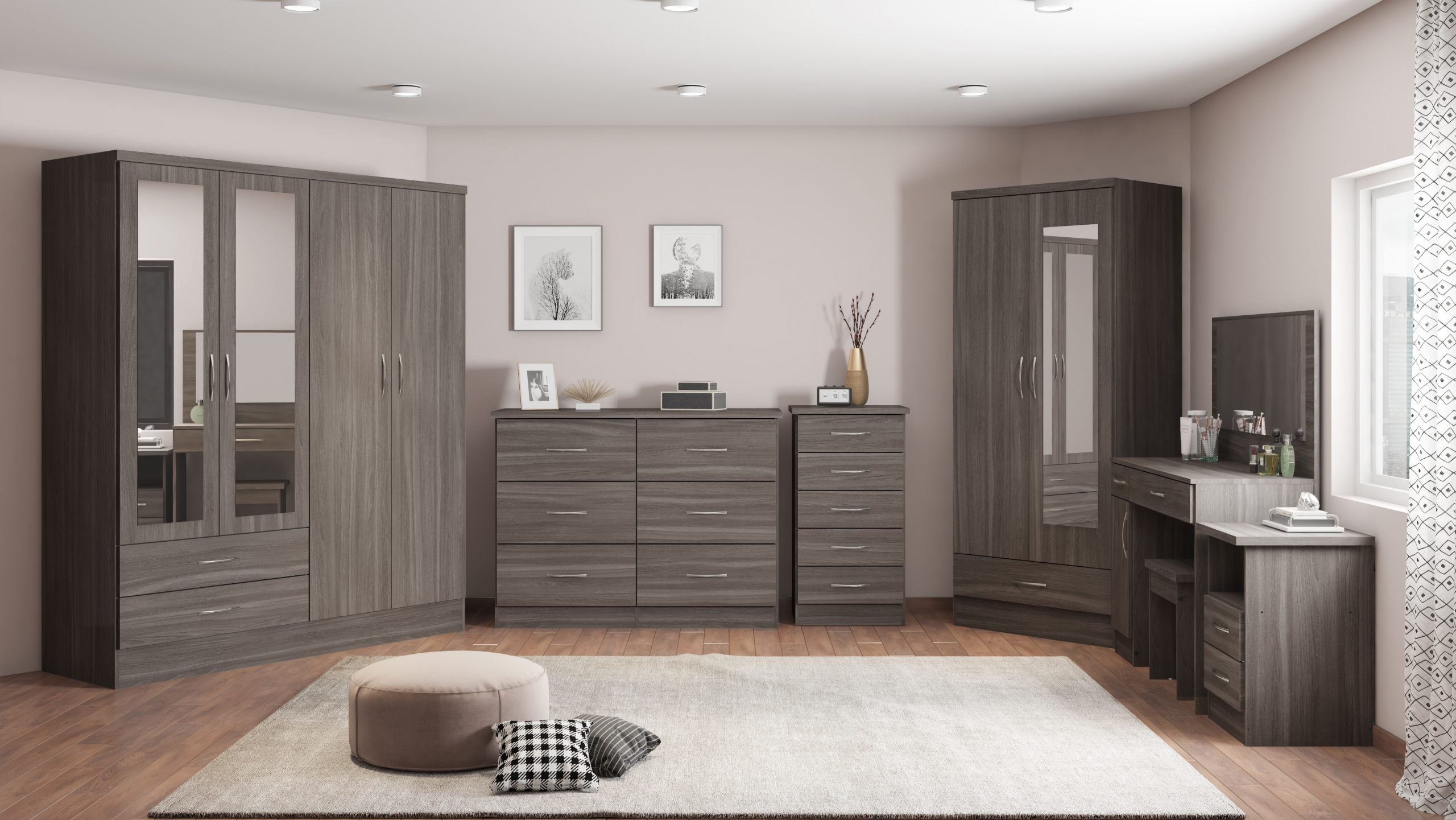 Nevada 2 Door 1 Drawer Wardrobe Bedroom Set Grey Gloss/Light Oak Effect Veneer - Online-Furniture-And-Fashion-Store