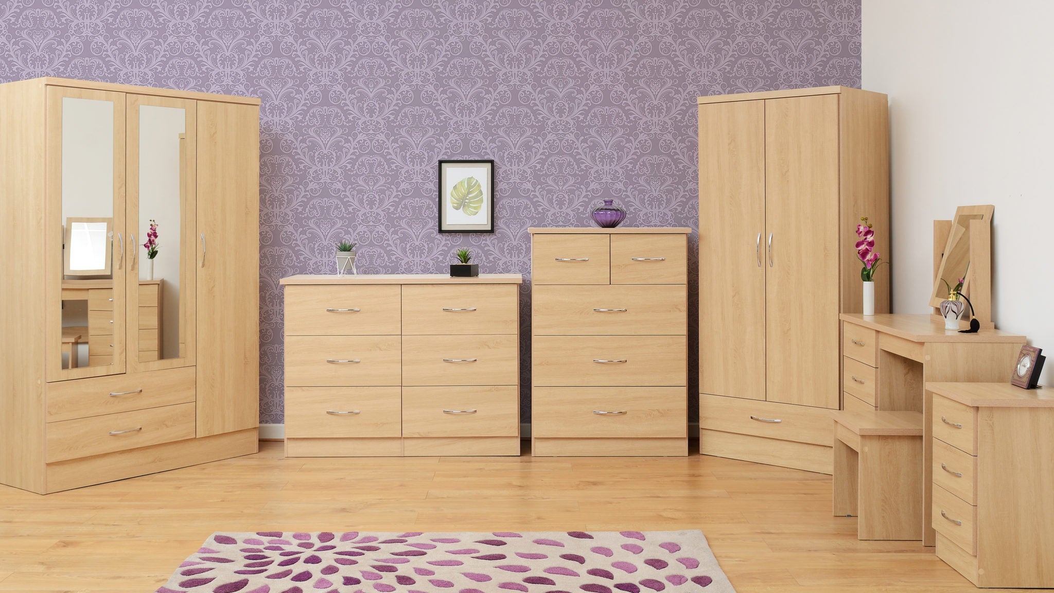 Nevada 2 Door 1 Drawer Wardrobe Bedroom Set Grey Gloss/Light Oak Effect Veneer - Online-Furniture-And-Fashion-Store