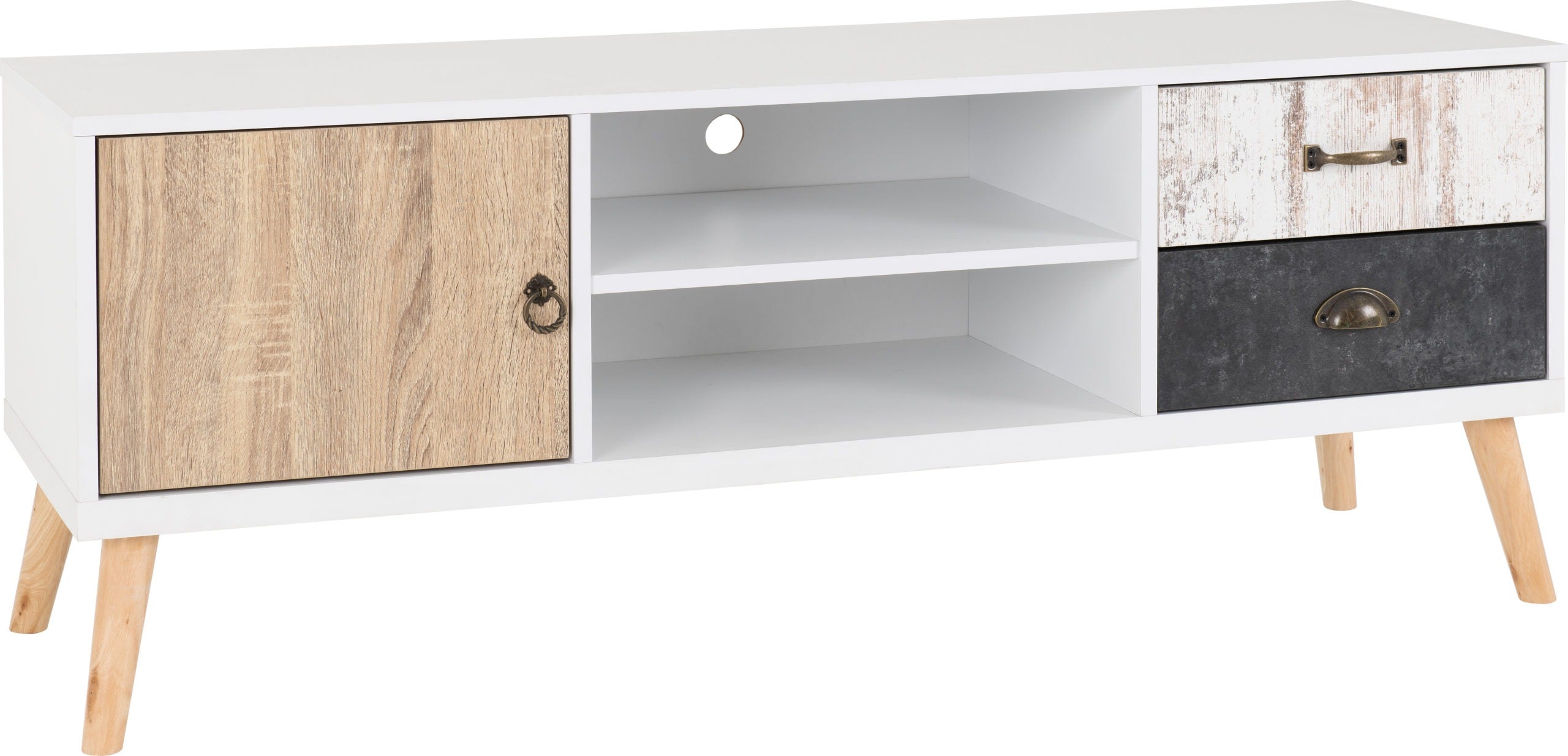 Nordic 1 Door 2 Drawer TV Unit in White Distressed Effect