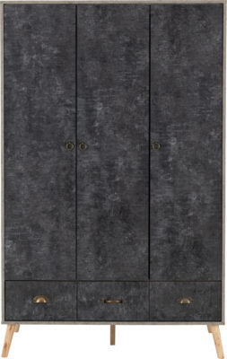 Nordic 3 Door 3 Drawer Wardrobe Concrete Effect Charcoal