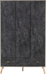 Nordic 3 Door 3 Drawer Wardrobe Concrete Effect Charcoal