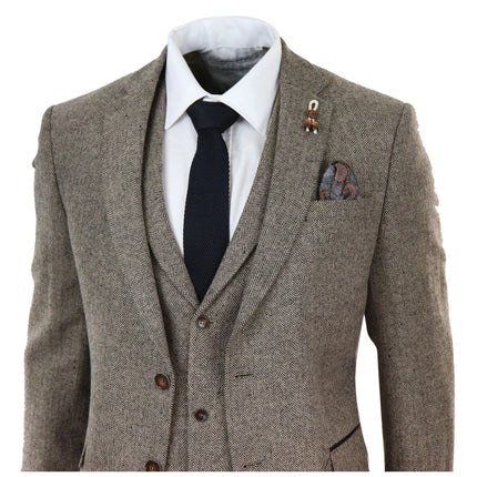 281-03 - Men's Oak 3 Piece Tweed Suit Herringbone Wool Fit