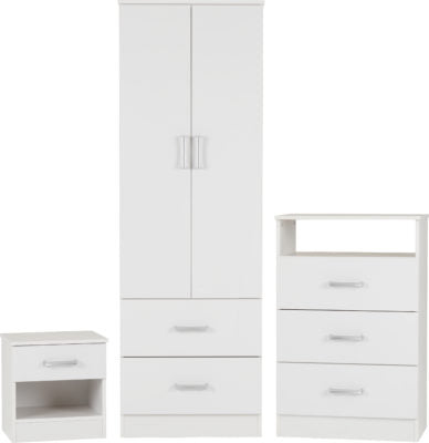 POLAR White 3 Piece Bedroom Set Bedside Chest Wardrobe