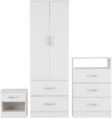 POLAR White 3 Piece Bedroom Set Bedside Chest Wardrobe