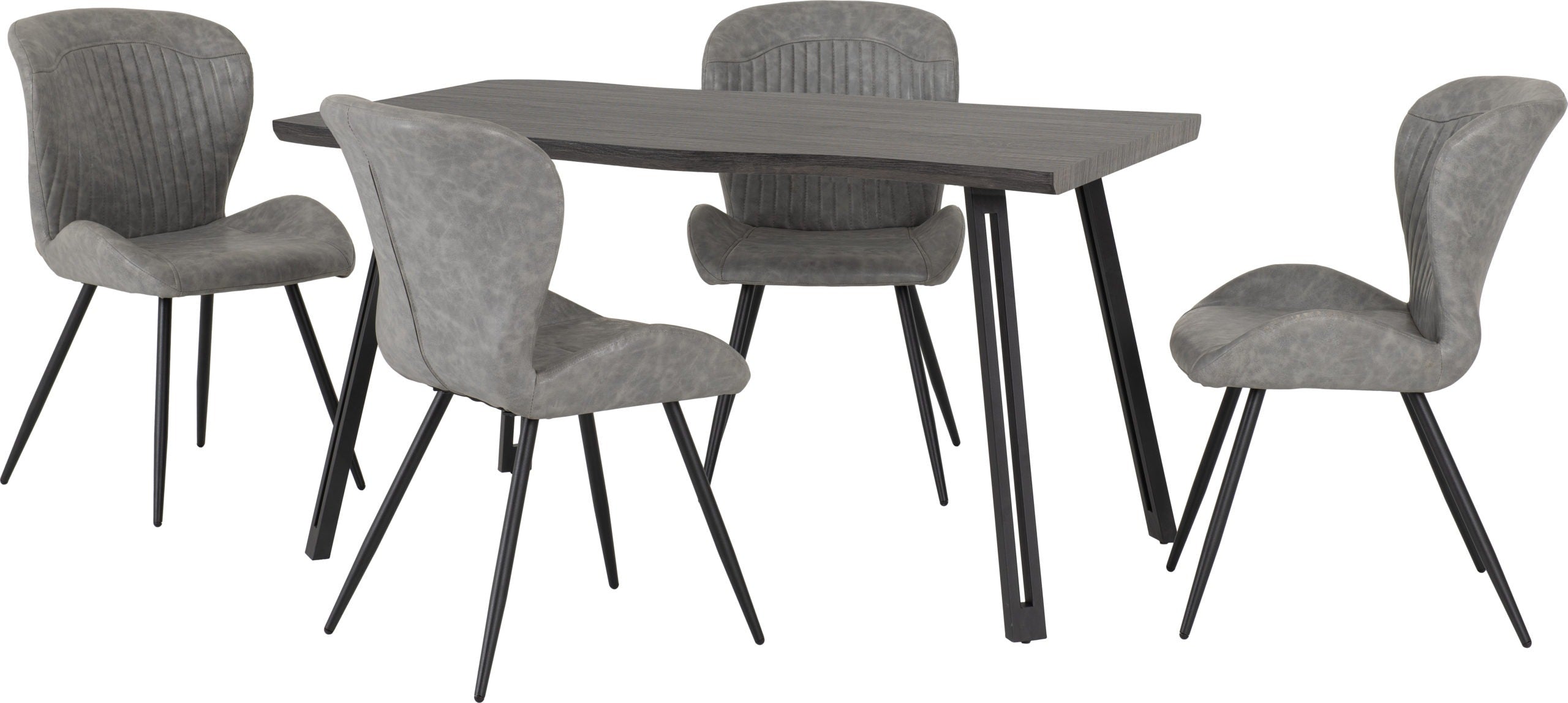 Quebec Wave Edge Dining set With Grey Chairs - Black Wood Grain Effect