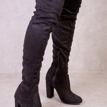 DIANE HIGH HEEL OVER THE KNEE BOOT WITH LACE UP DETAIL IN BLACK SUEDE