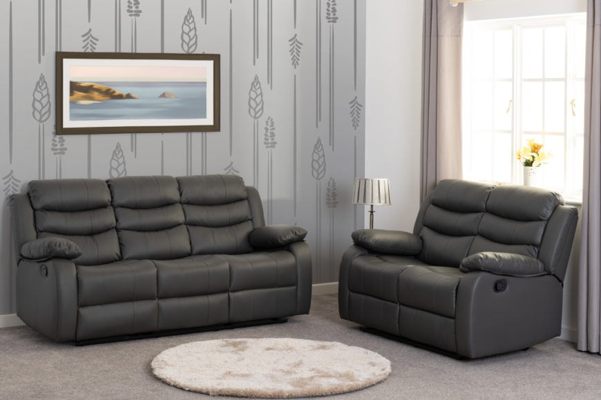 Roma 3 and 2 Seater Recliner Suite with Cup Holders Grey Faux Leather