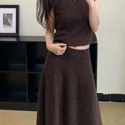 Elegant Knitted 3 Piece Set Women Long Cardigan Coat Sleeveless Vest High Waist A-line Long Skirt