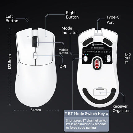 Attack Shark R1 Wireless Mouse Bluetooth Gaming Mouse PAW3311 Sensor,1000Hz Return-rate,Tri-mode,Ergonomic,Rechargeable